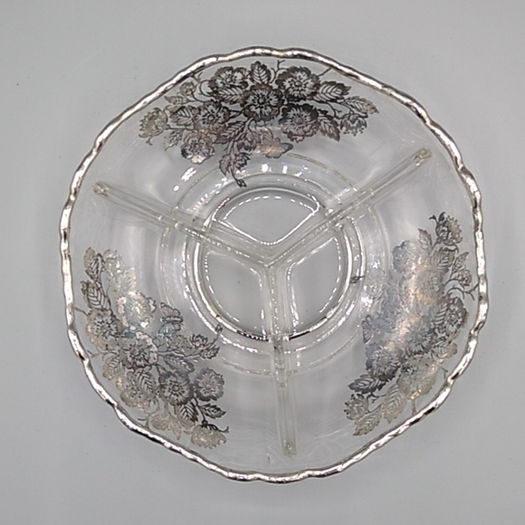 Heisey Glass 3 Section Divided Relish Condiment Dish Sterling Silver Overlay Vtg - Picture 1 of 11